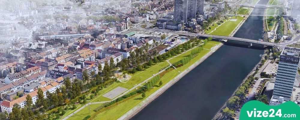 Neckarwiese Mannheim nehir kıyısı park ve yürüyüş yolu
